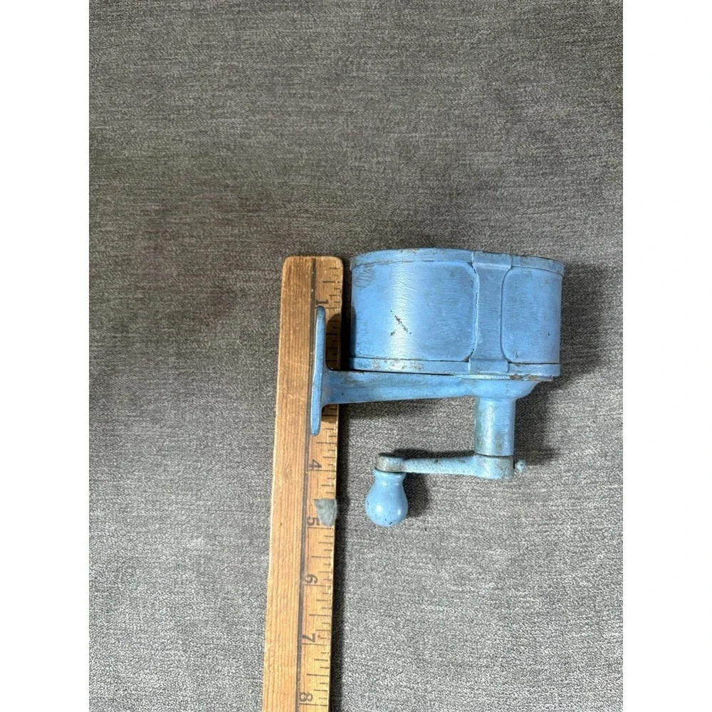 VINTAGE Unnamed Pencil Sharpener Wooden‎ Handle Blue Heavy Metal Base